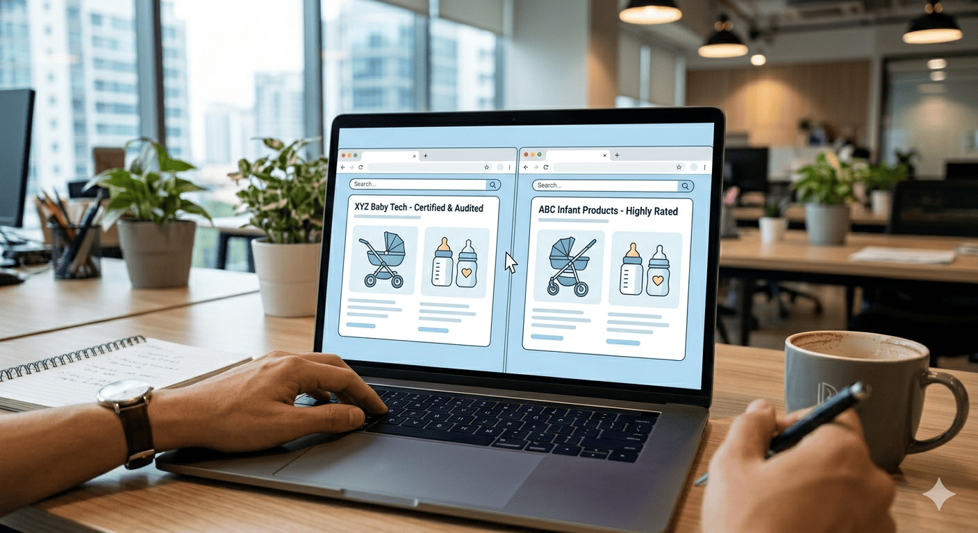 A buyer comparing different baby product suppliers on a computer screen