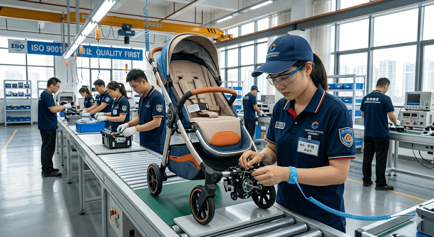 A factory worker inspecting a baby stroller on the assembly line