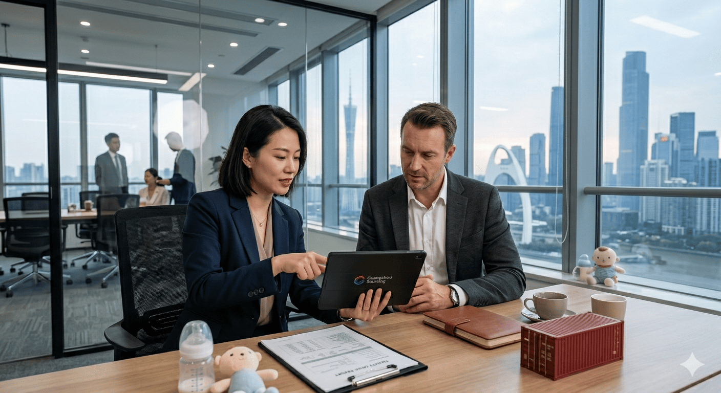 A business meeting between a client and a sourcing agent