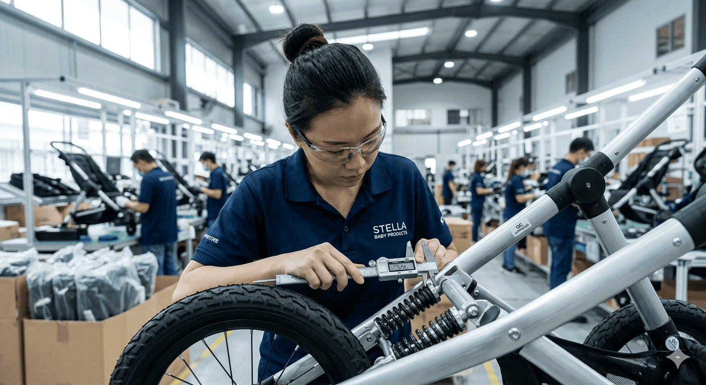 Factory audit of baby strollers A quality inspector examining a stroller wheel in a factory