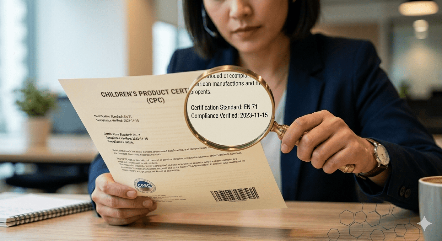 A person inspecting a product certification document with a magnifying glass
