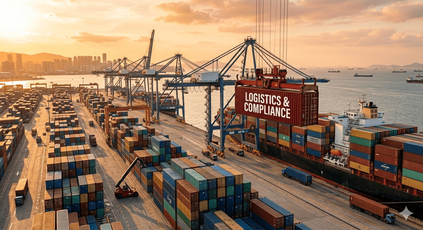 A shipping container being loaded onto a cargo ship at a busy port