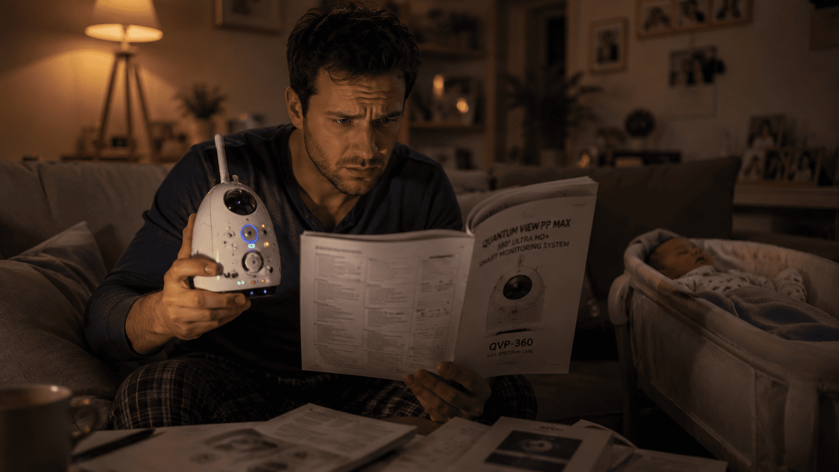 Complex Baby Product Features a parent looking confused at a complex baby product manual