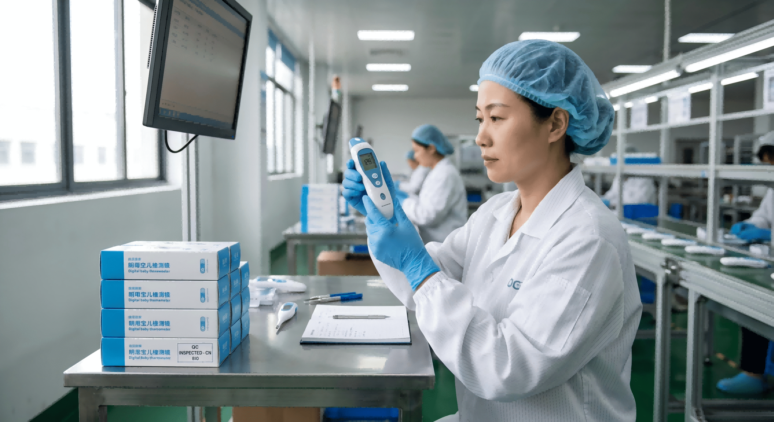 FSA HSA Supply Chain A Chinese factory worker inspecting a baby product like a thermometer