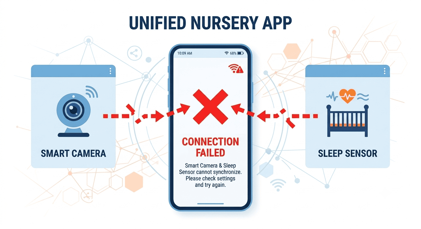 Diagram showing two different branded devices failing to connect to a single platform app