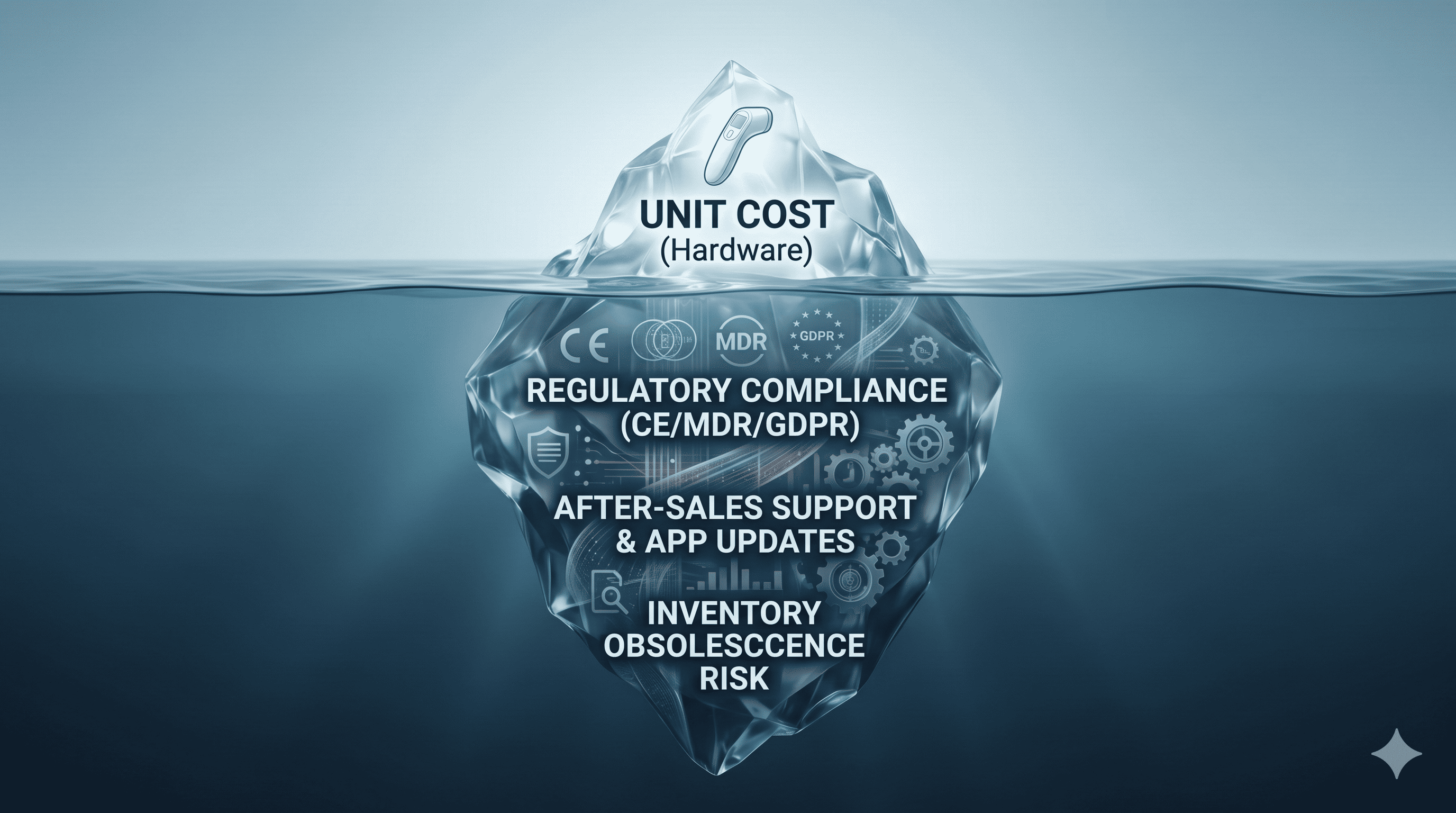 An iceberg showing the visible unit cost on top and hidden costs like compliance and returns underwater