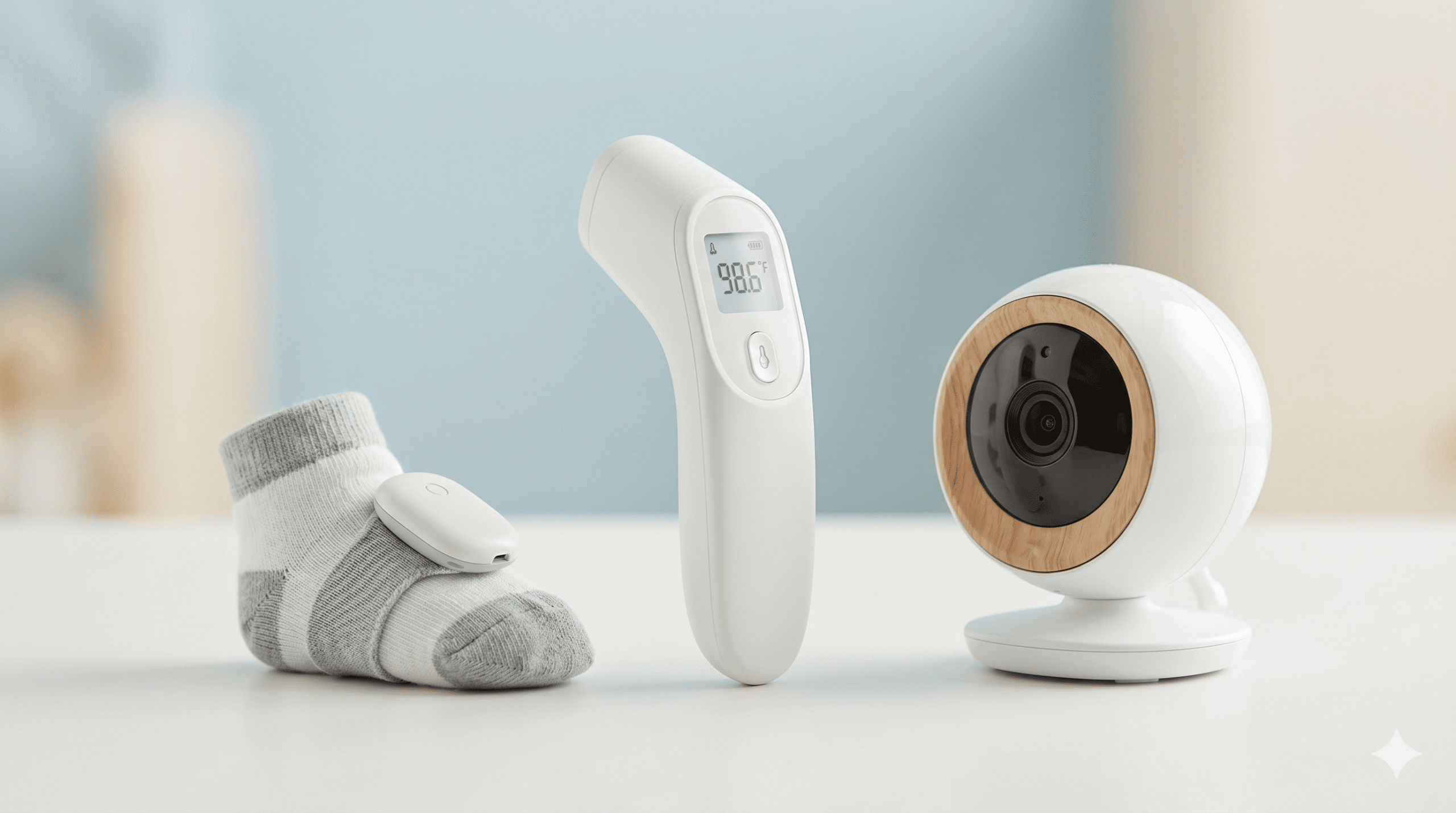 A collection of smart baby health tracking devices on a clean background