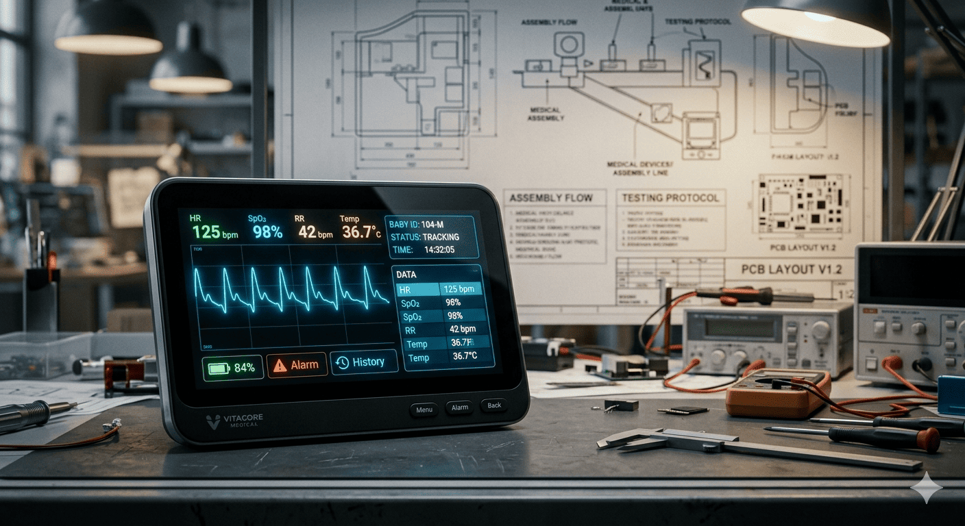 At-Home Baby Medical Device Production A close-up of a baby monitor screen showing vitals, with a background of factory schematics