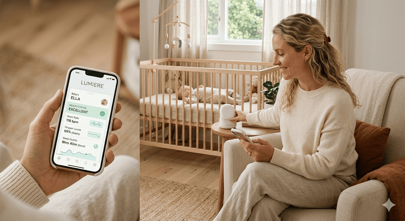 Modern Baby Medical Device User Experience A parent using a sleek, modern-looking baby health monitor with their smartphone