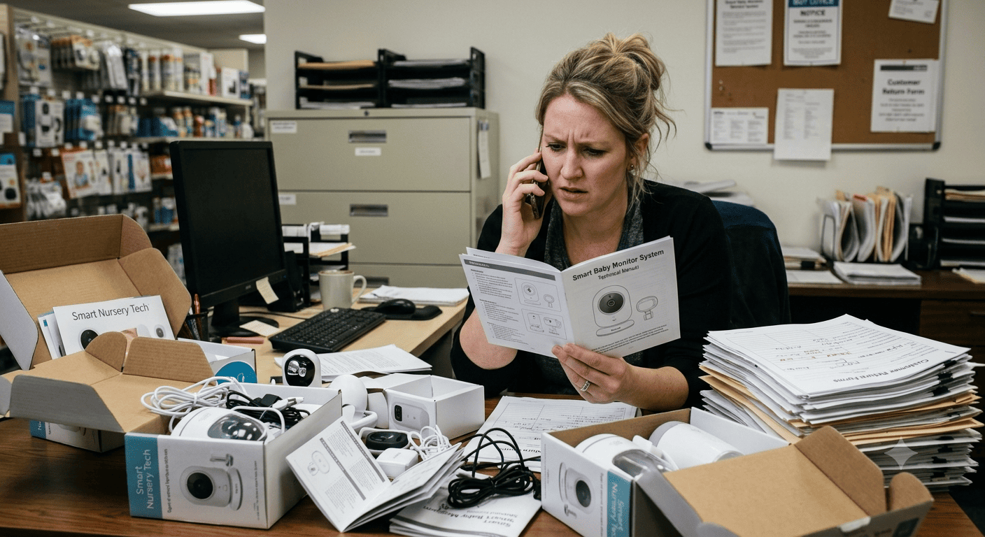 A frustrated retail manager on the phone surrounded by returned smart baby products