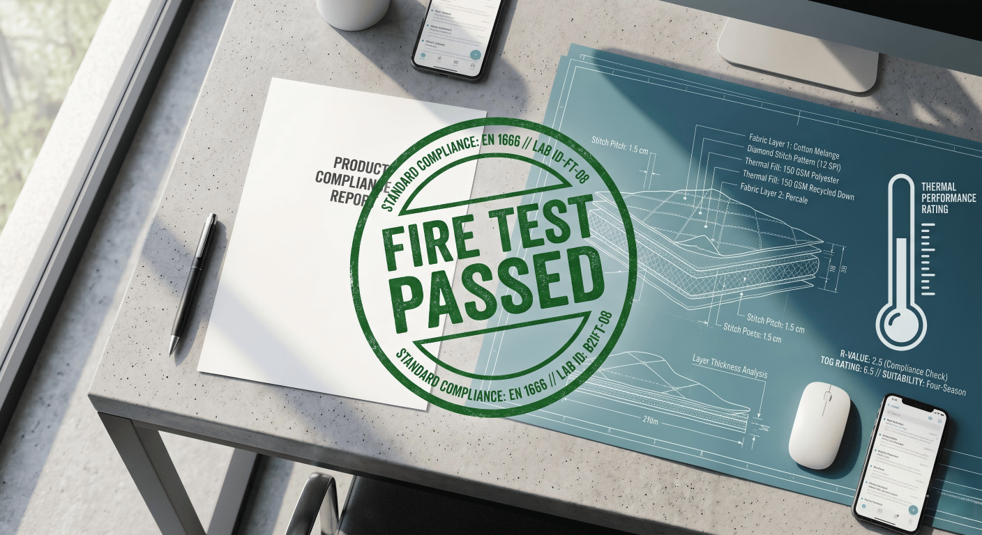 a document with 'Fire Test Passed' stamped on it next to a warning sign