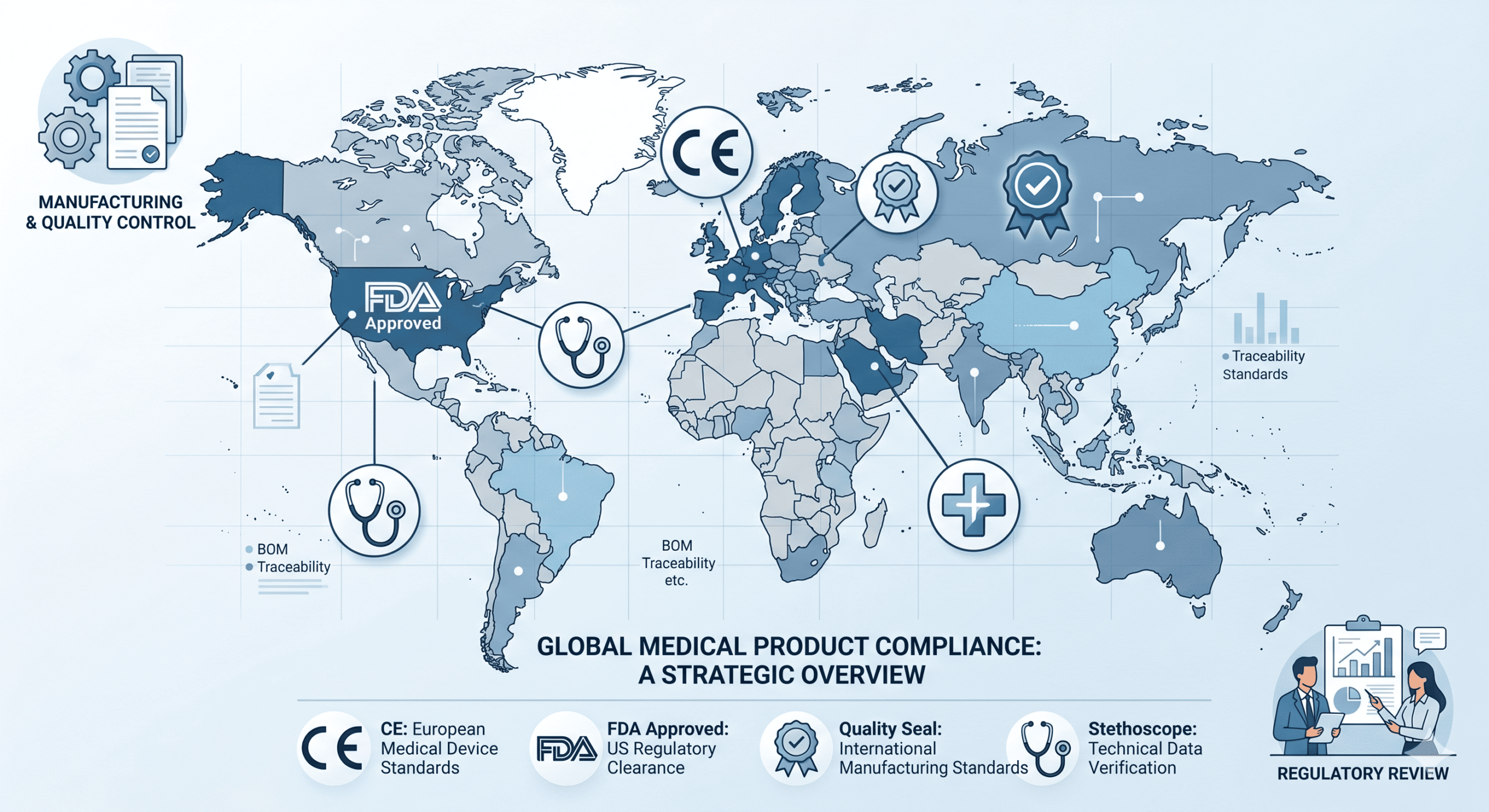a map of the world with different certification symbols like CE and FDA