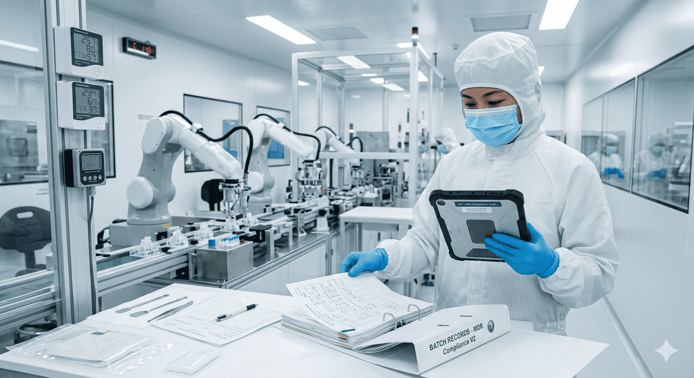 Factory Audit for Medical Device Certification An auditor reviewing documents in a clean factory environment