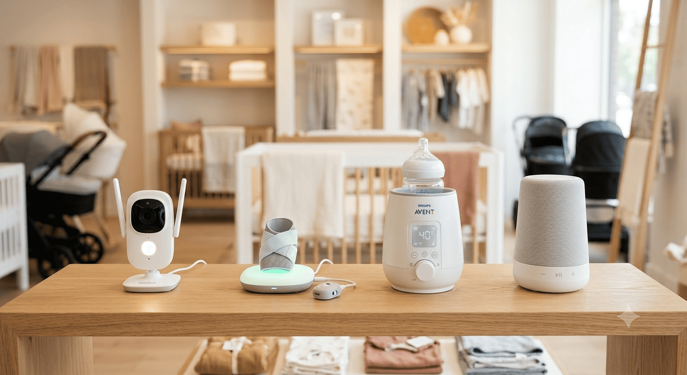 A collection of smart nursery devices like a baby monitor, smart sock, and bottle warmer on a shelf
