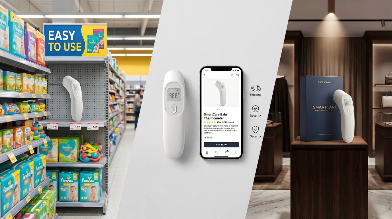 Three different retail environments: a supermarket aisle, an online store, and a high-end boutique