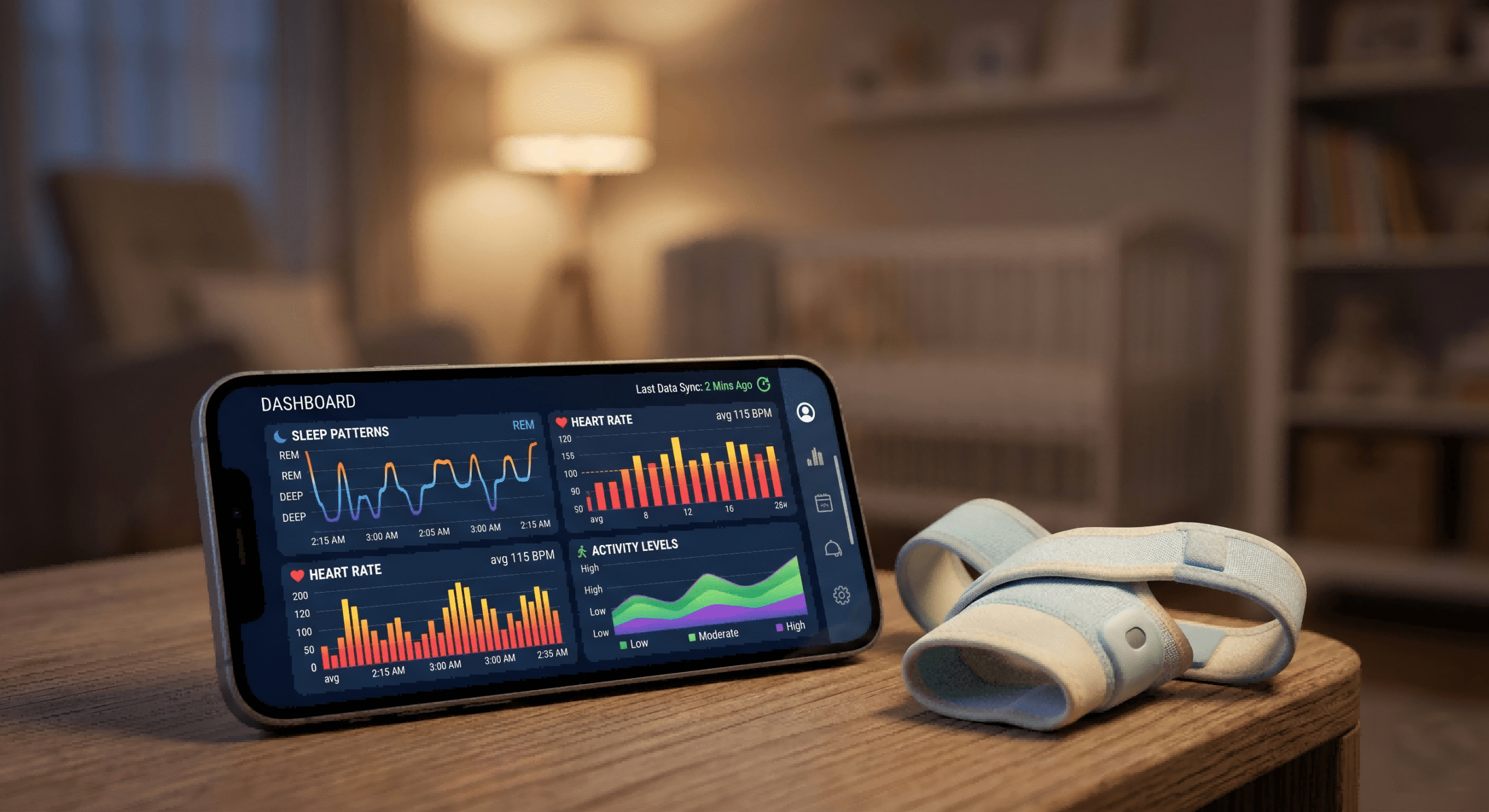 a smartphone showing a dashboard of baby health data next to a smart sock