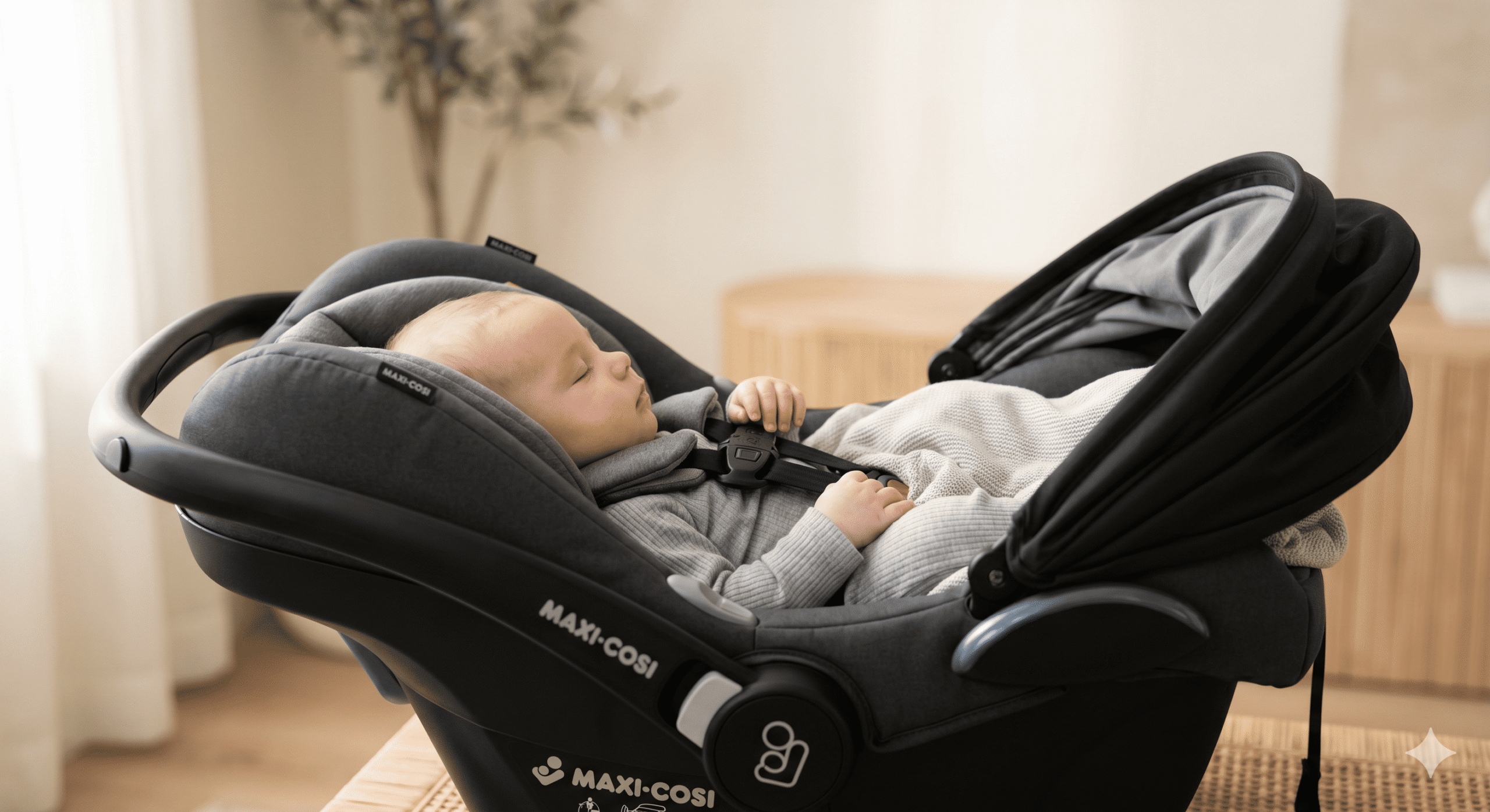 alt text: A baby peacefully sleeping in a car seat capsule, highlighting the product's curved design