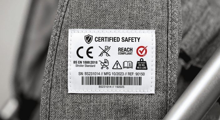 alt text: A close-up of a product safety certification label, like an EN or ASTM standard tag