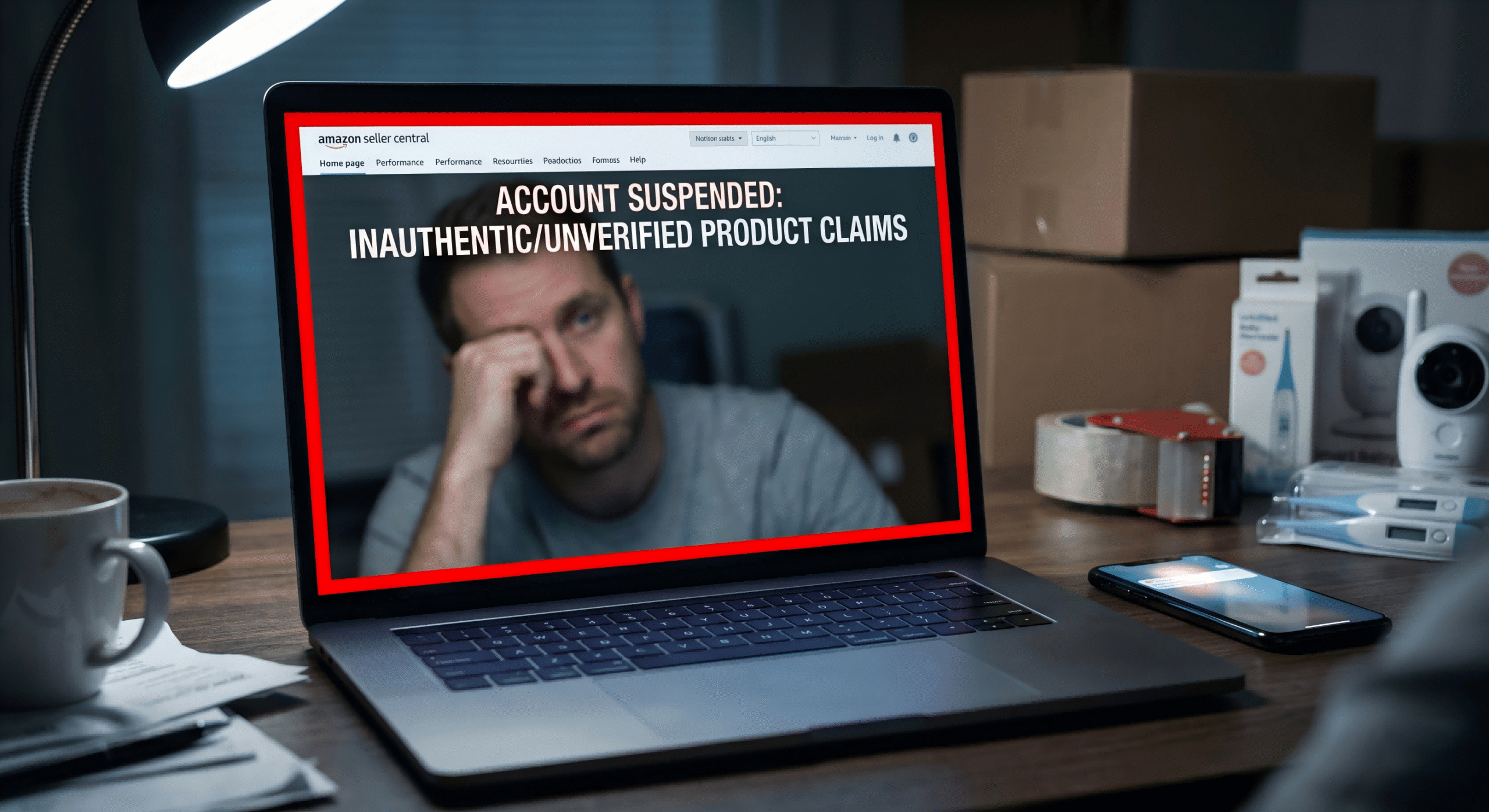 Amazon FSA HSA Suspension An Amazon seller looking at a suspended listing notification on a laptop
