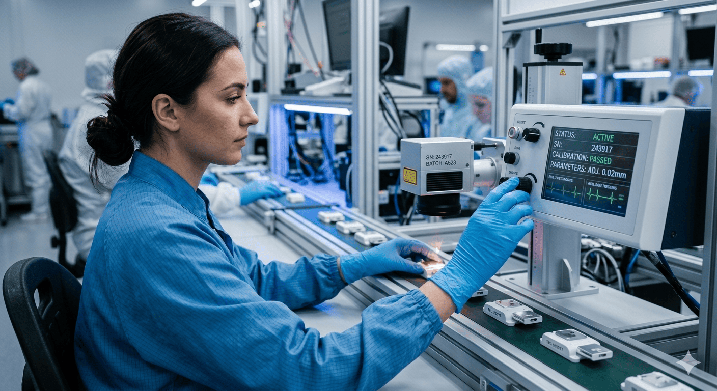 Adjusting Factory Machine Parameters A factory technician adjusting dials on a machine on an assembly line