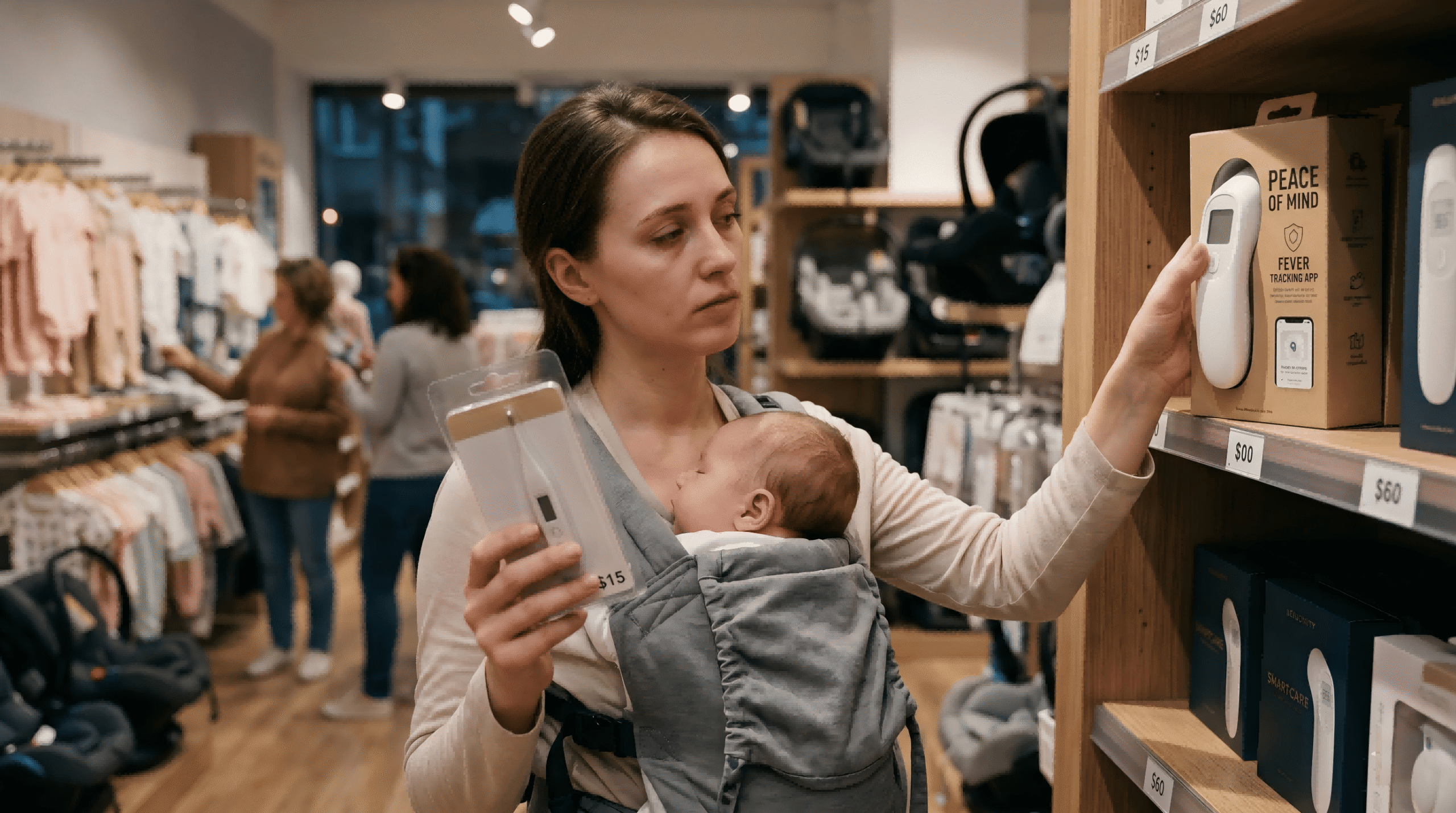 A parent looking thoughtfully at two products on a shelf, one basic and one smart
