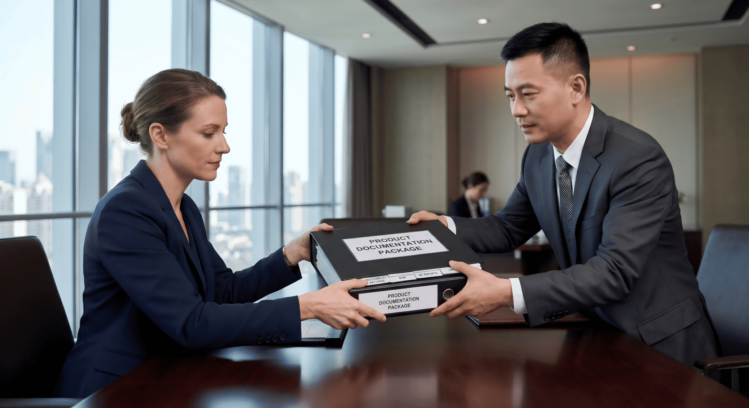 Factory Documentation Support A person handing over a folder of documents to another person across a table