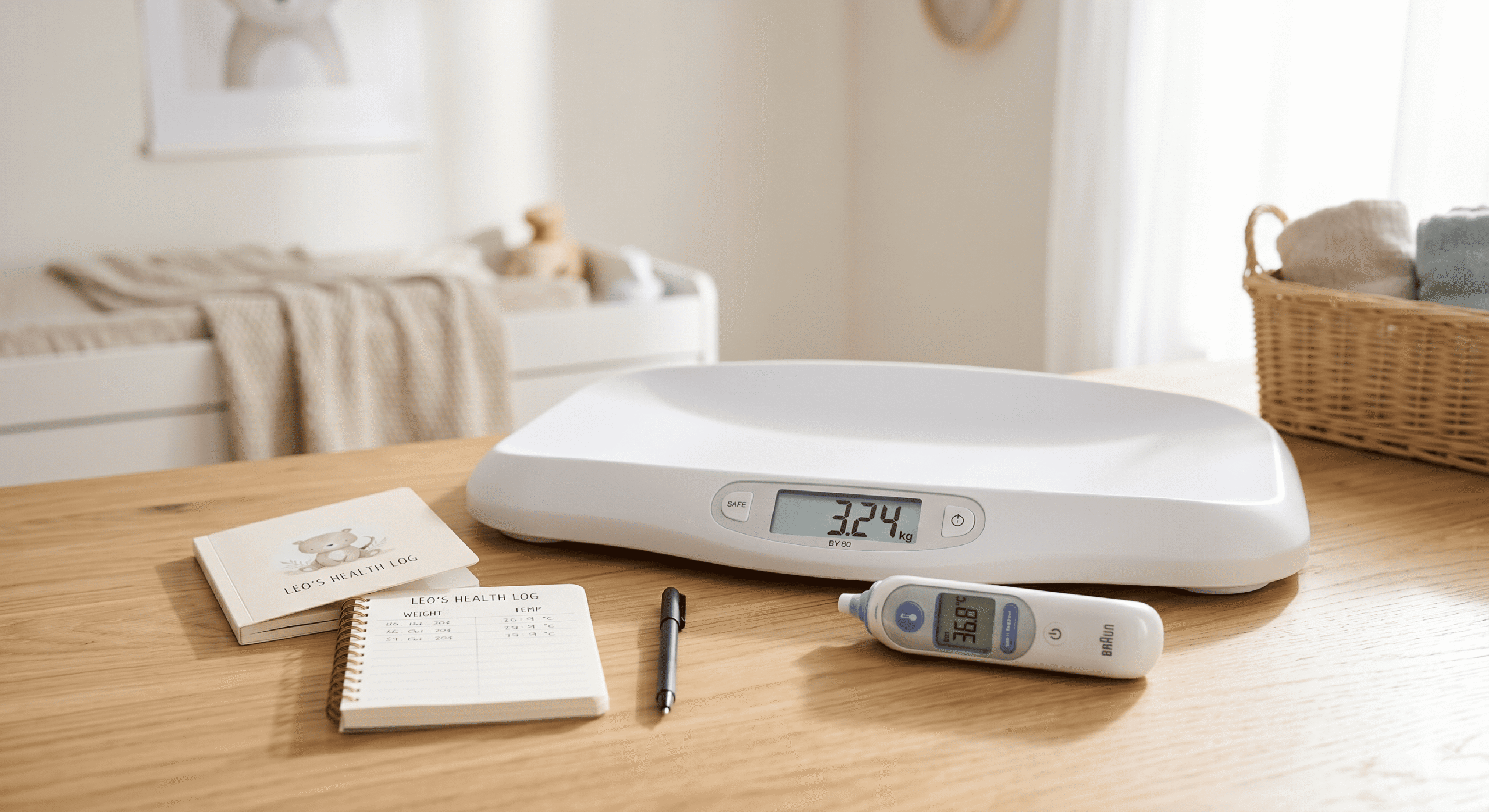 a digital baby scale and a forehead thermometer on a table